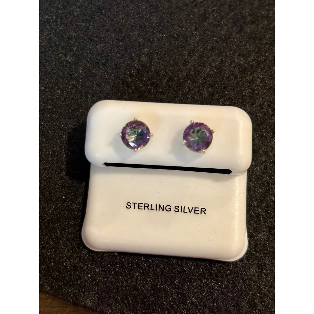 Silver Aura Sterling Silver Mystic Topaz Stud Earrings Round Iridescent 8mm